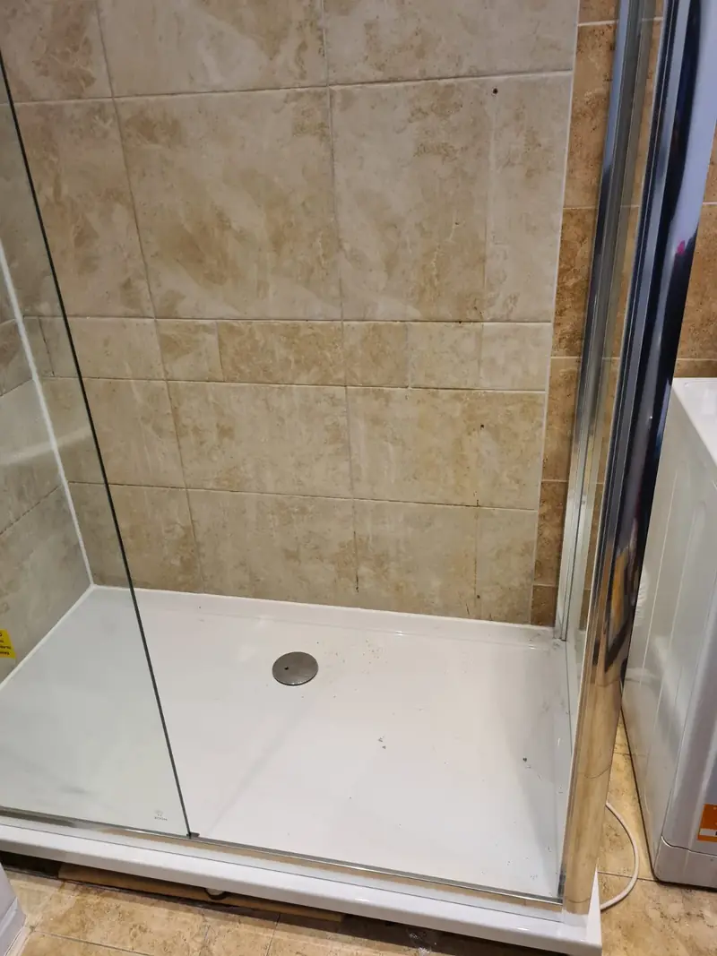 Walk-in shower enclosure with low-profile tray